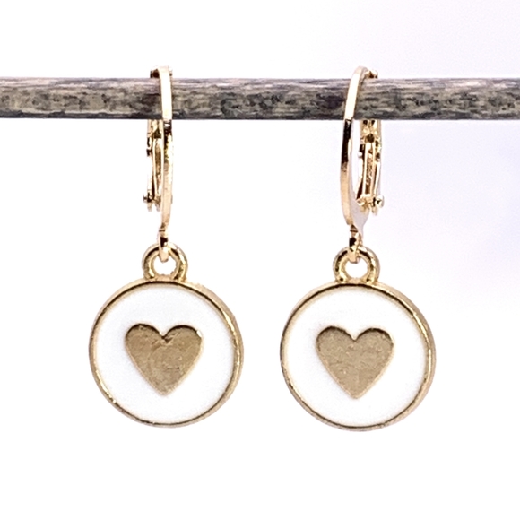 Gold and White Heart Charm Earrings - Picture 1 of 5